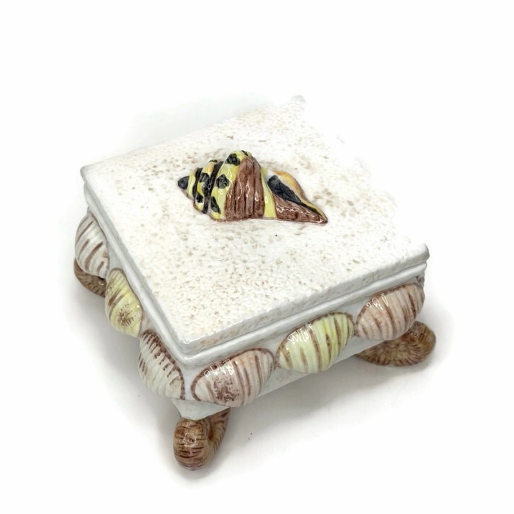 Vintage White Ceramic Seashell Embellished Square Trinket Box